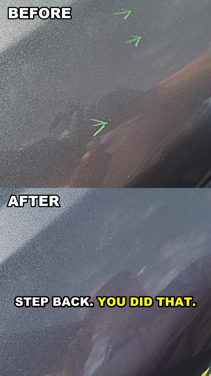 Before and after: chips on a dark gray car, then the same spot after the Monkey Method